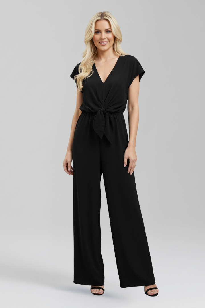 V Neck Wide Leg Jumpsuit with Tied Waist Knot