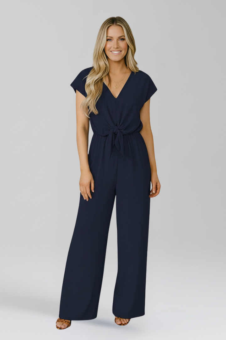 V Neck Wide Leg Jumpsuit with Tied Waist Knot