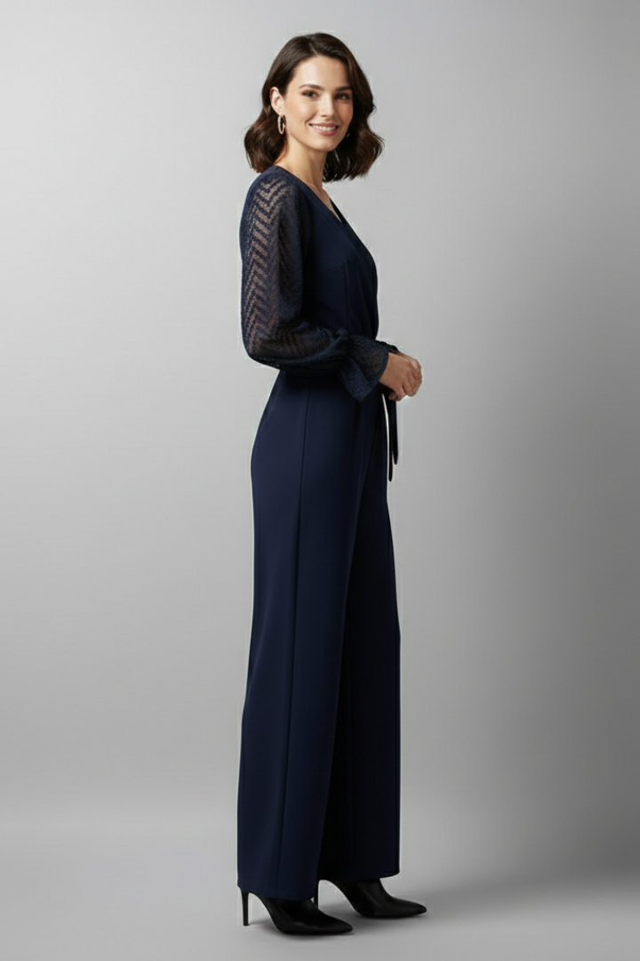 V-Neck Wrap Jumpsuit with Long Semi-Sheer Sleeves