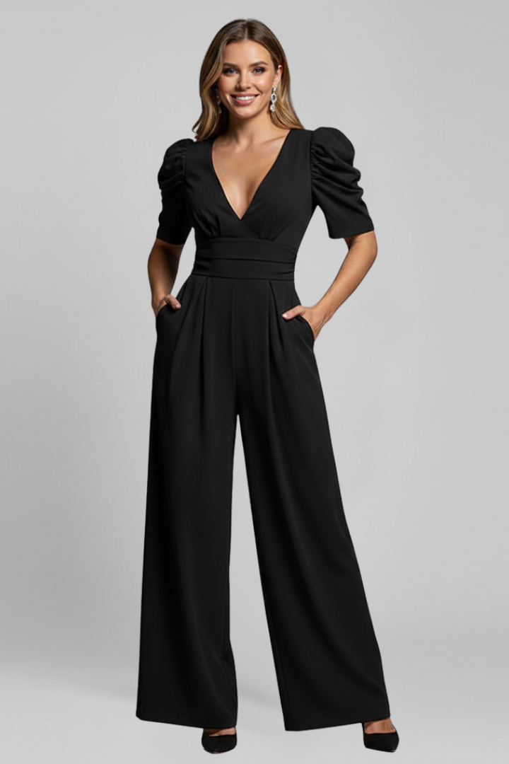 Wide Leg Jumpsuit with V Neckline and Puff Sleeves