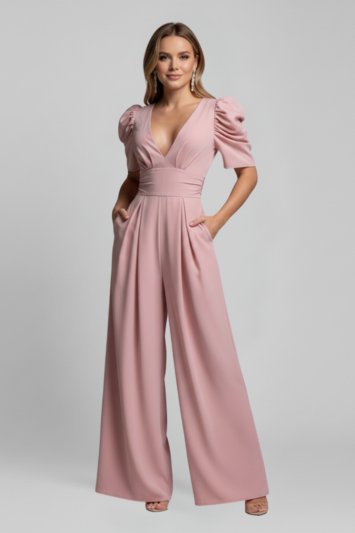 Wide Leg Jumpsuit with V Neckline and Puff Sleeves