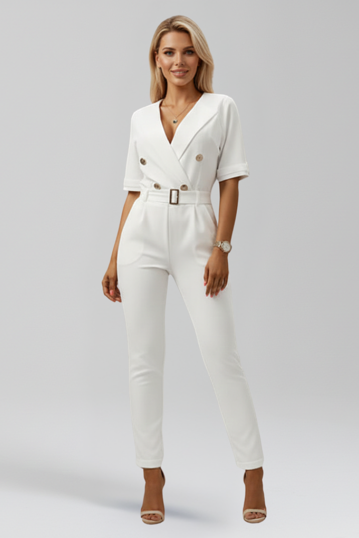 V Neck Jumpsuit with Short Sleeves Tied Waist and Button Detail