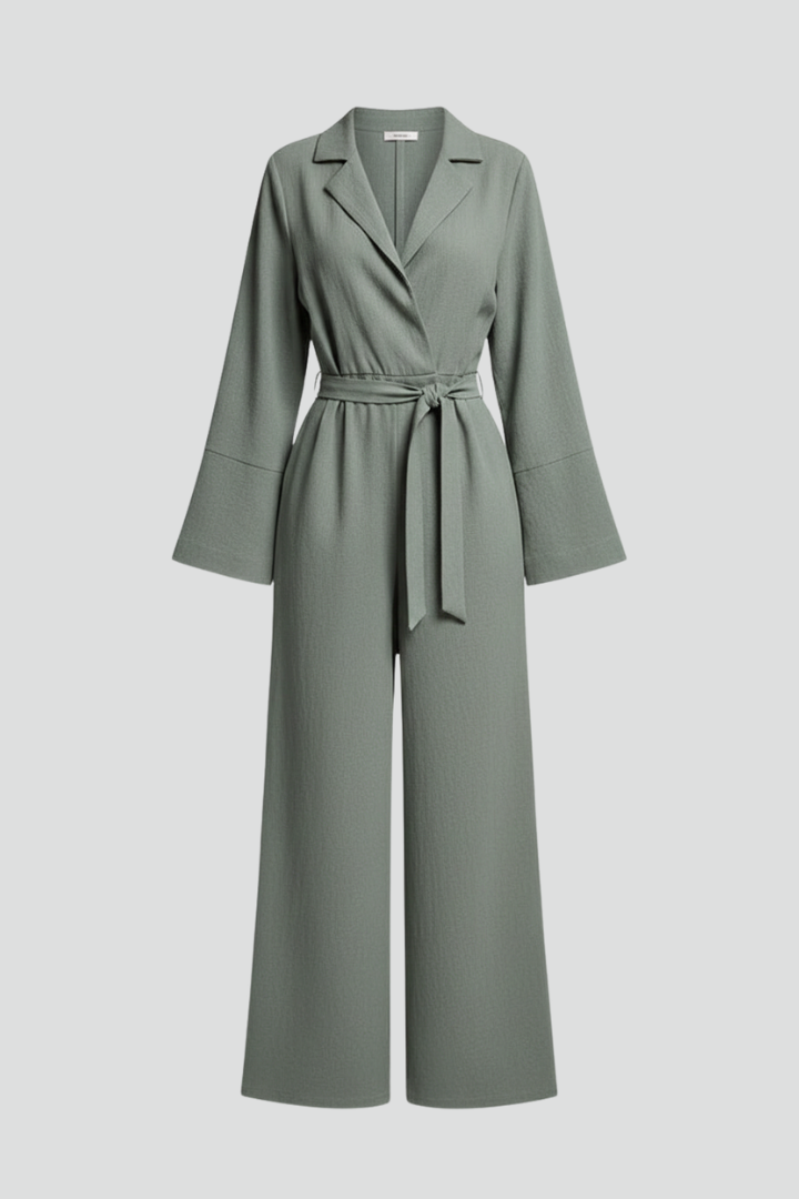 Wide Leg Jumpsuit with V Neckline and Integrated Waist Belt