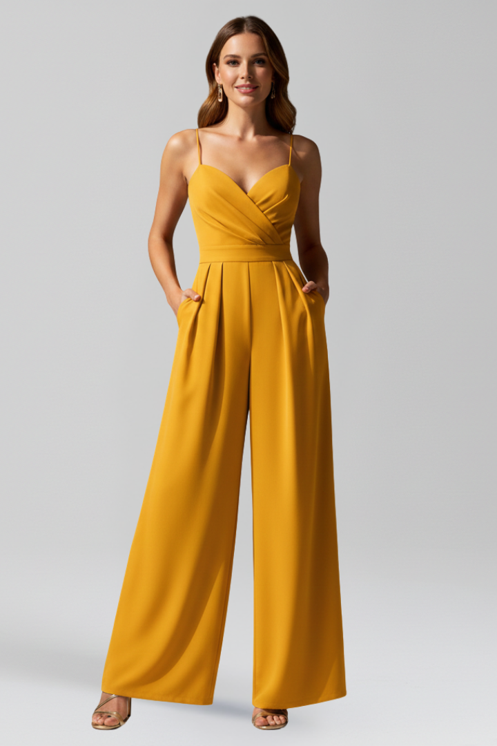 Women’s Sleeveless V Neck Jumpsuit with Wide Full-Length Legs