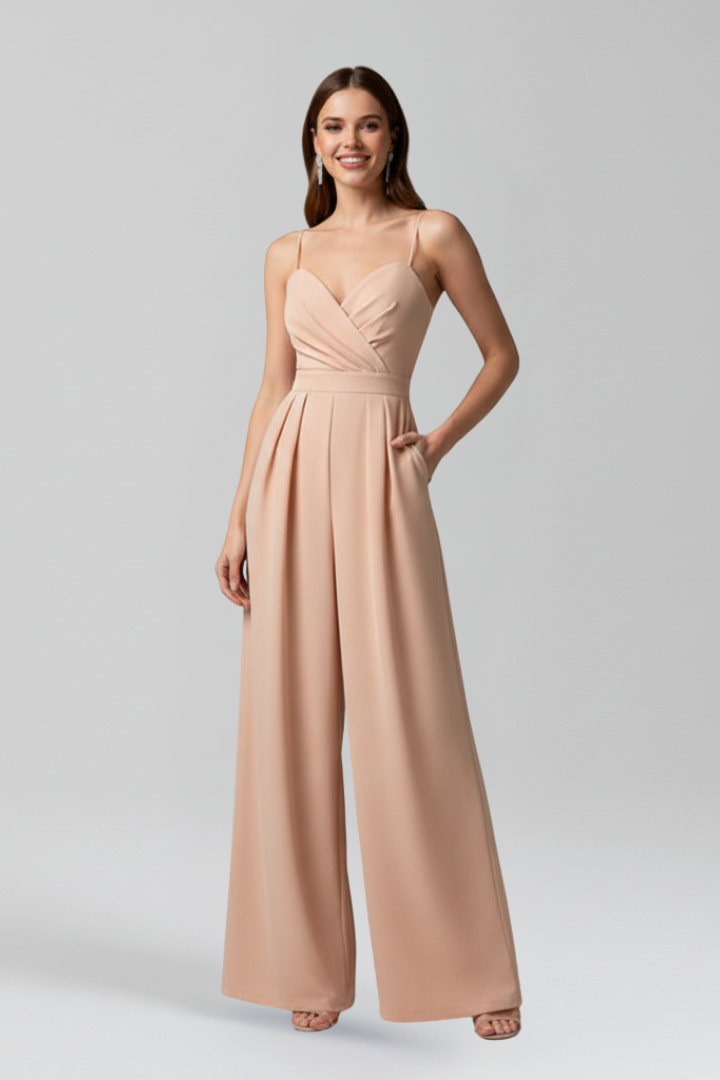 Women’s Sleeveless V Neck Jumpsuit with Wide Full-Length Legs