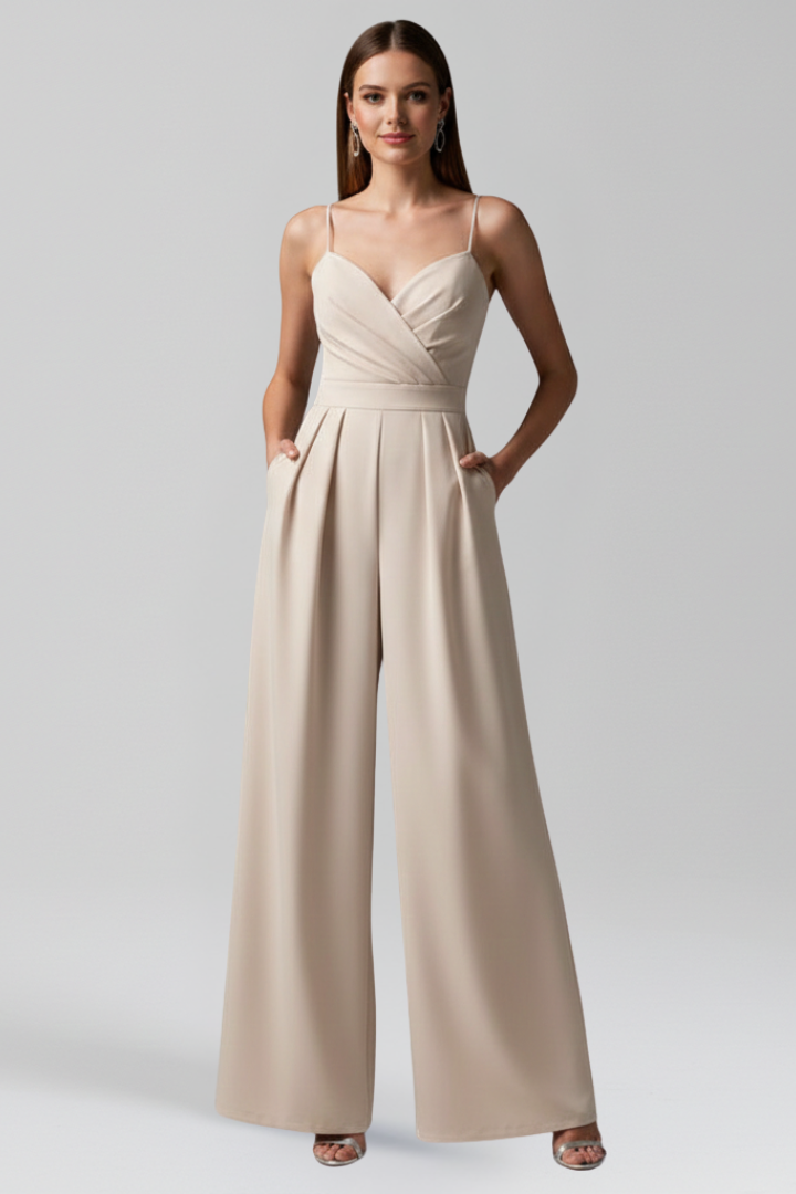 Women’s Sleeveless V Neck Jumpsuit with Wide Full-Length Legs
