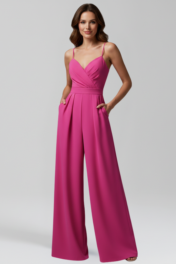 Women’s Sleeveless V Neck Jumpsuit with Wide Full-Length Legs