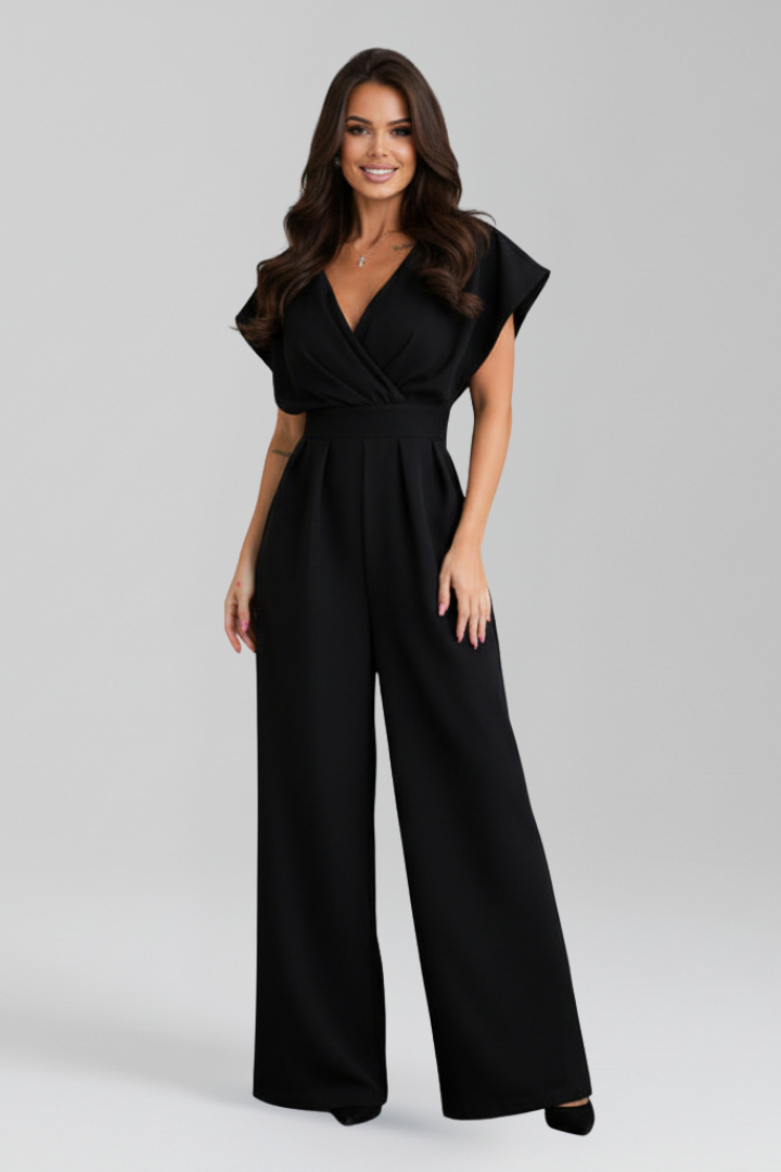 Wide Leg Jumpsuit with V Neckline and Short Sleeves