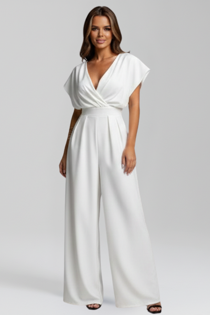 Wide Leg Jumpsuit with V Neckline and Short Sleeves