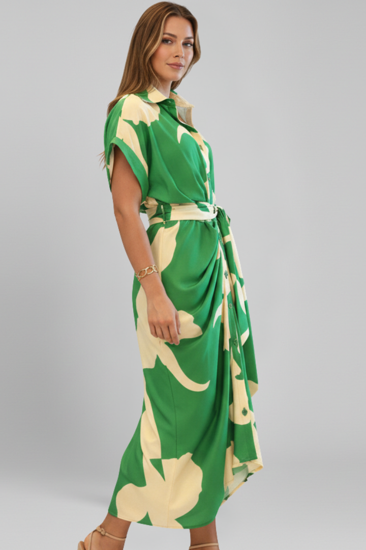 Women’s Button Front Shirt Dress with Waist Tie and Short Sleeves