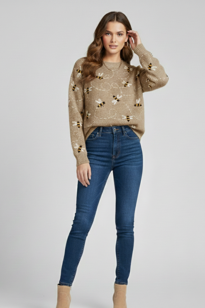 Womens Knit Sweater with Bee Pattern and Textured Body