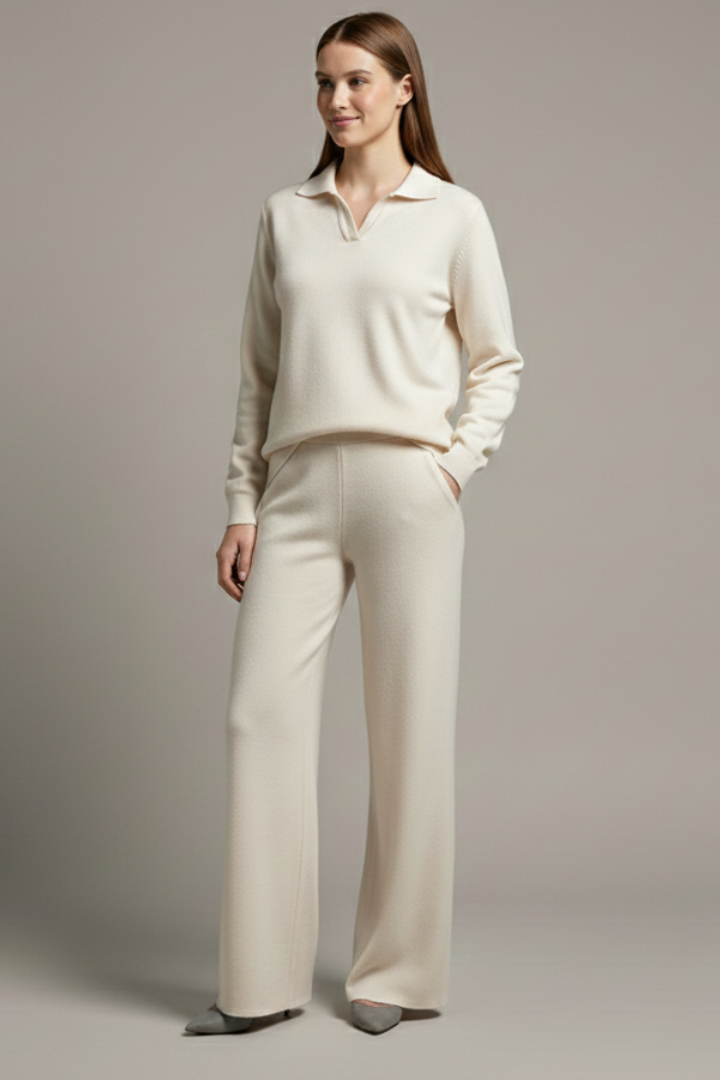 Polo Collar Two Piece Womens Set with Wide Leg Pants