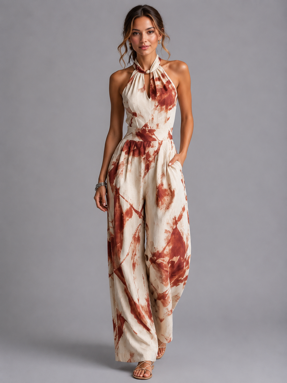Women's Printed Halter Neck Wide Leg Jumpsuit With Pockets