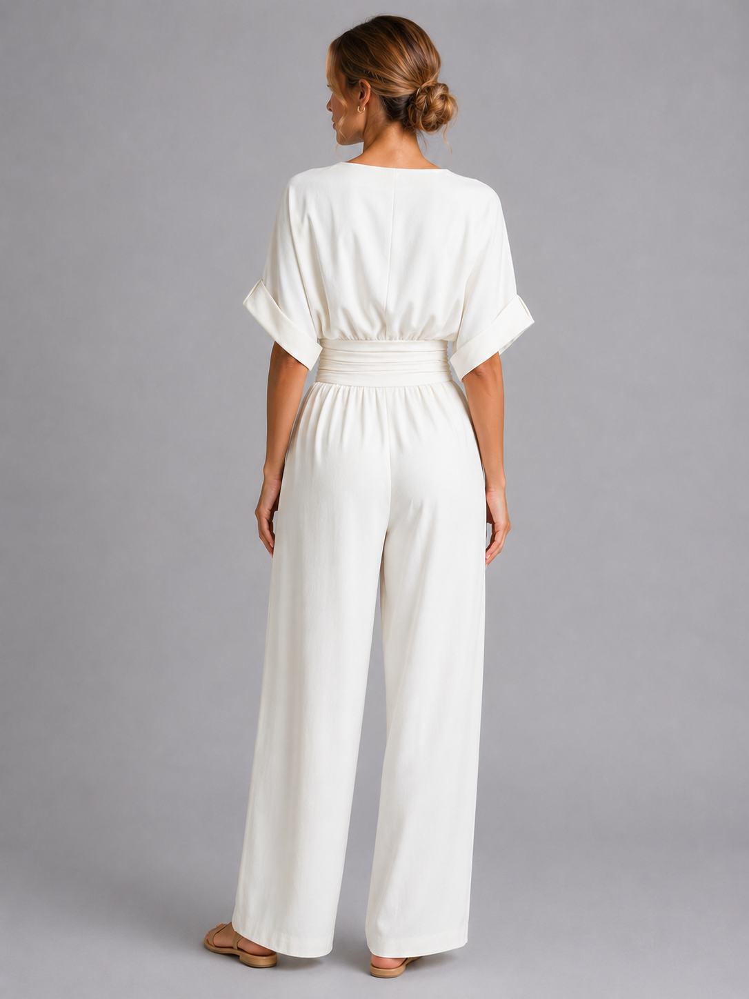 Women's V Neck Wide Leg Jumpsuit With Cinched Waist