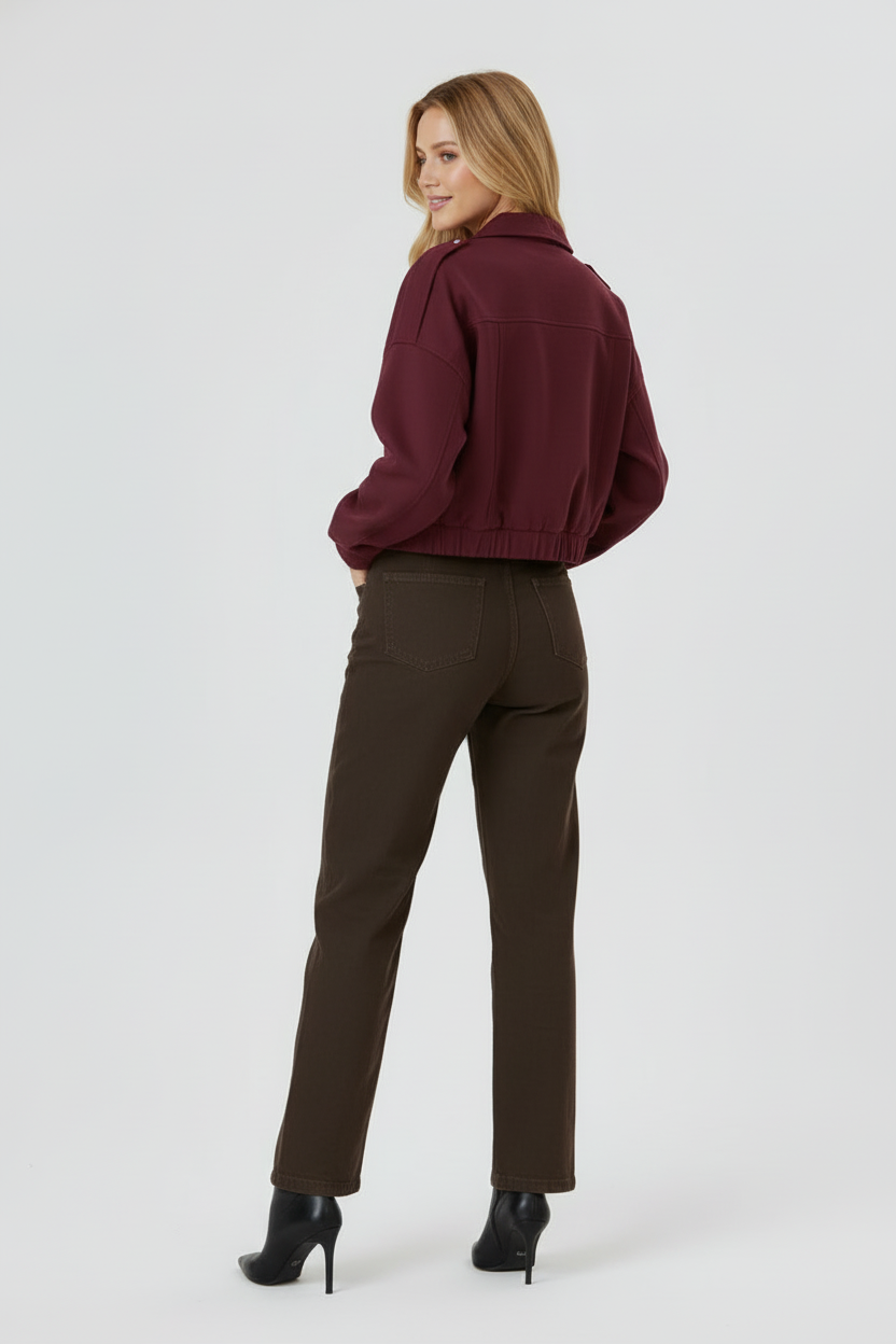 Short Cut Womens Jacket with Structured Shoulders and Zip Front