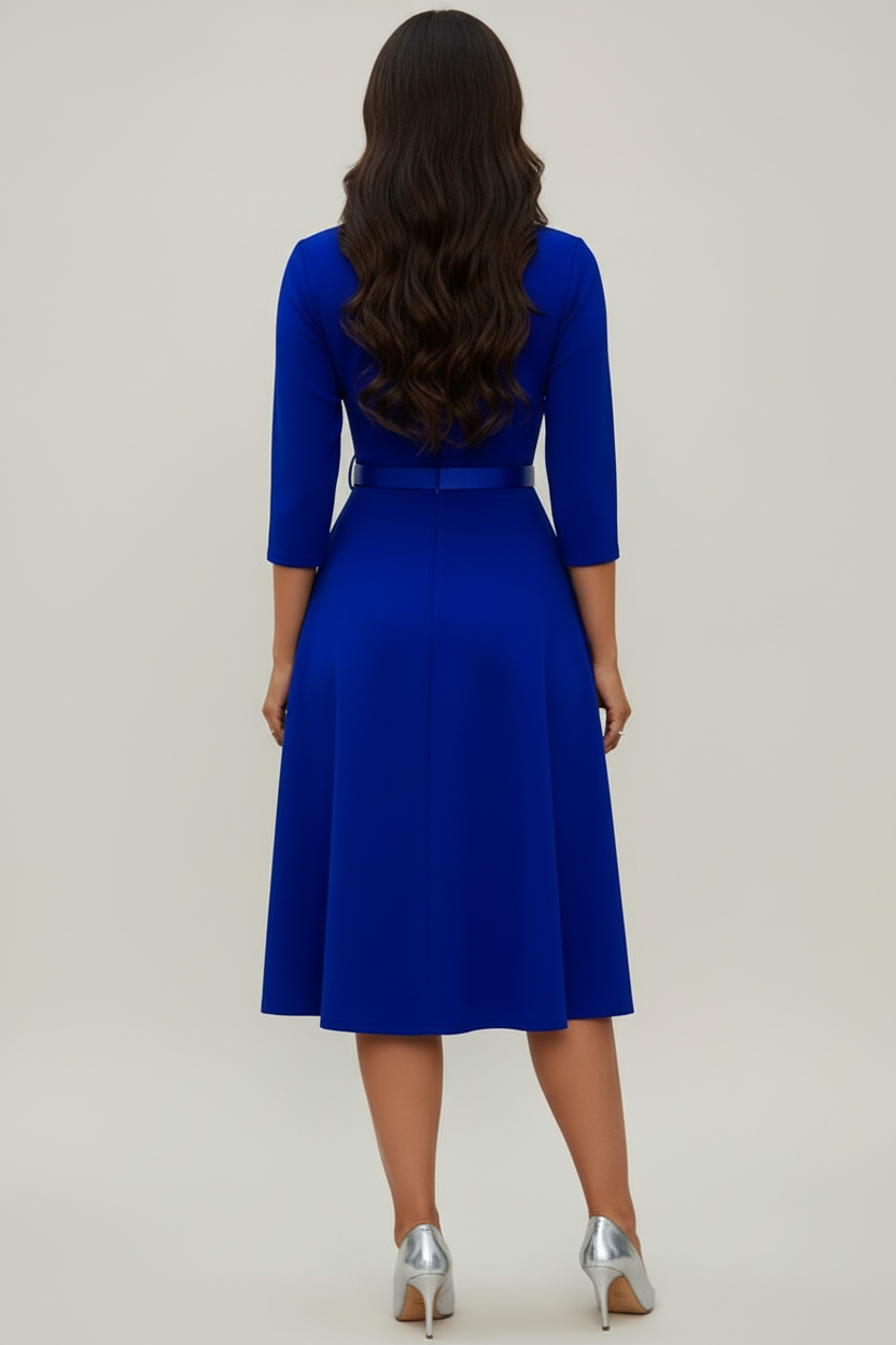 Midi Womens Dress with Asymmetrical Neckline and Belted Waist