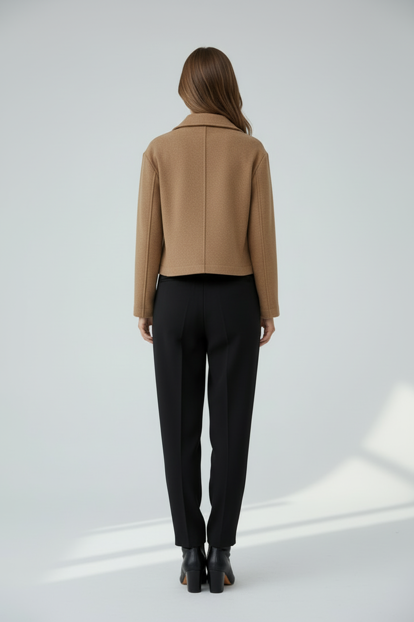 Cropped Faux Suede Jacket with Shirt Collar and Button Front