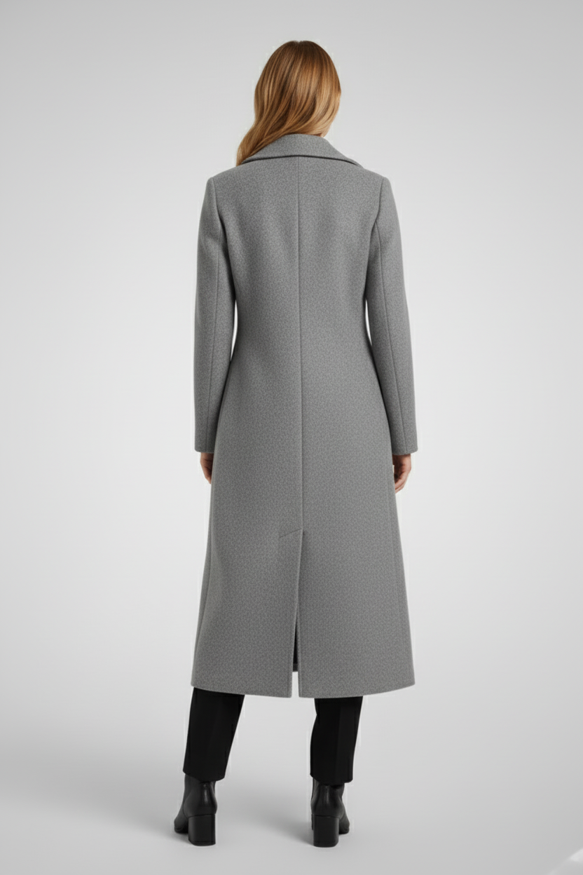 Long Womens Coat with Turn Down Collar and Woven Surface