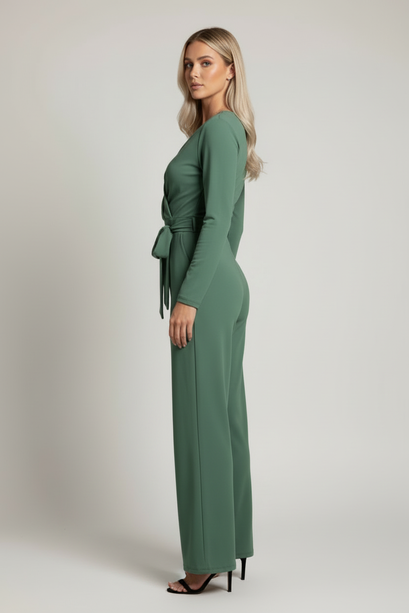 V Neck Wrap Jumpsuit with Tie Waist and Wide Leg Fit