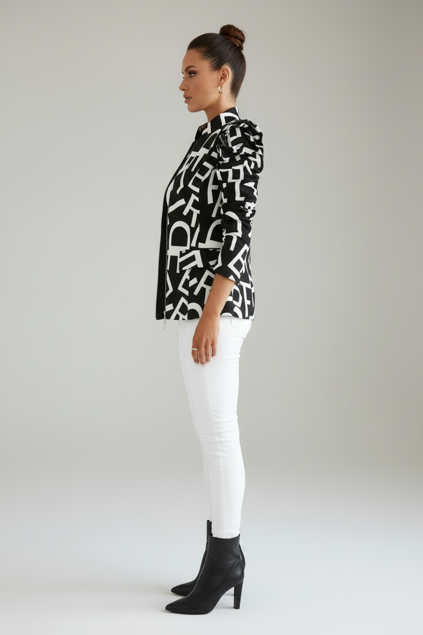 Patterned Womens Jacket with Stand Up Collar and Zip Front