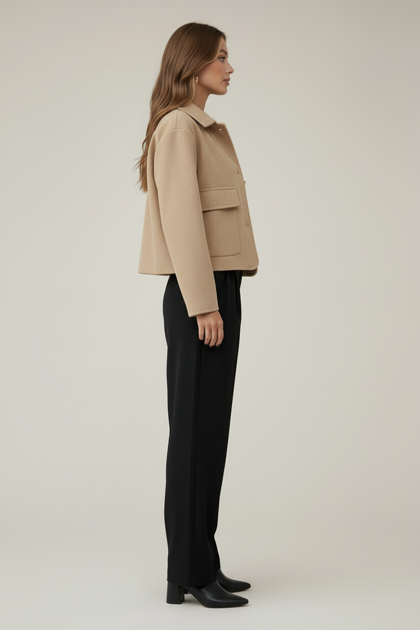 Cropped Faux Suede Jacket with Shirt Collar and Button Front