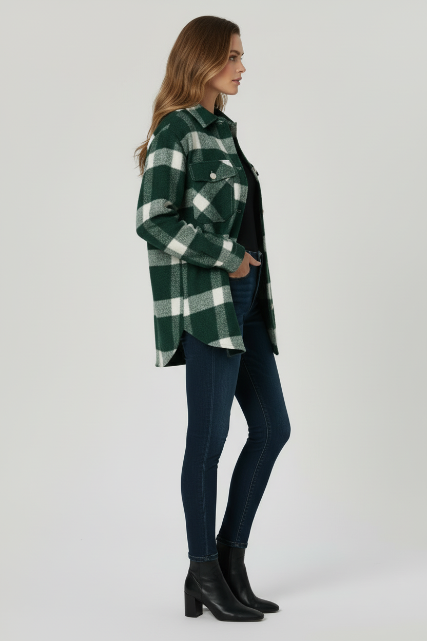 Check Shirt Jacket with Button Front and Collared Design