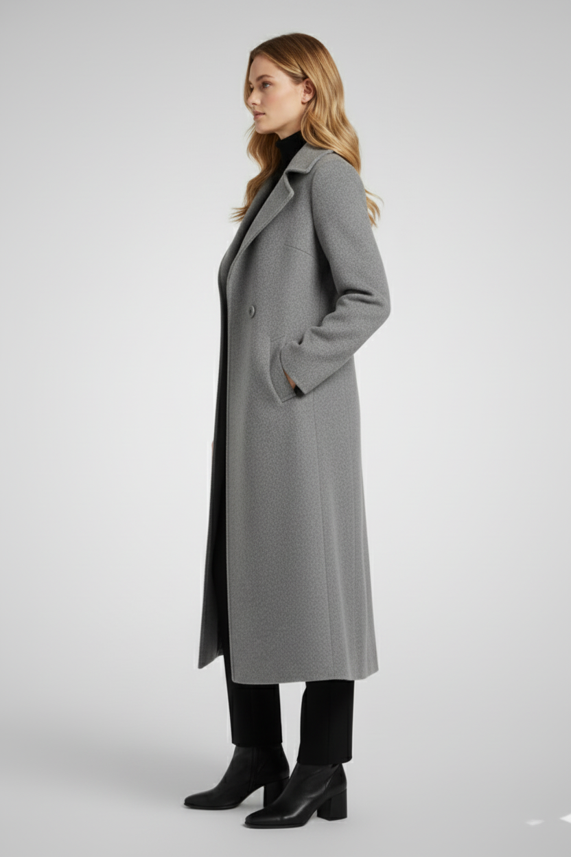 Long Womens Coat with Turn Down Collar and Woven Surface