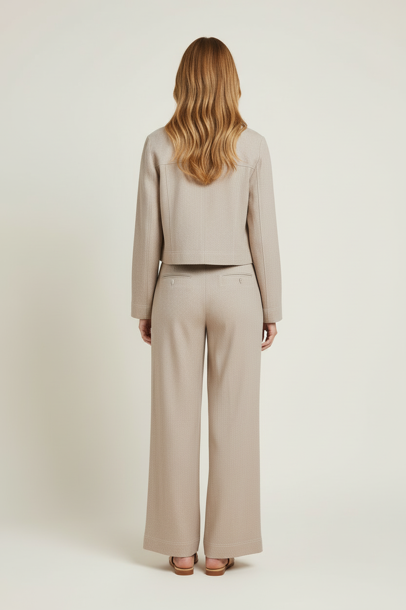 Zip Front Cropped Denim Jacket and Wide Leg Trouser Set