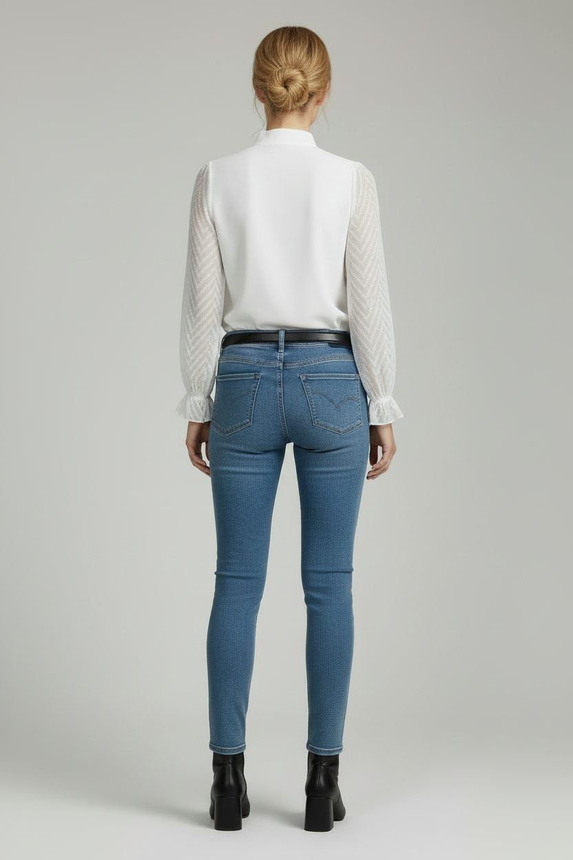 Long Sleeve Womens Top with Pleated Neckline and Textured Sleeves