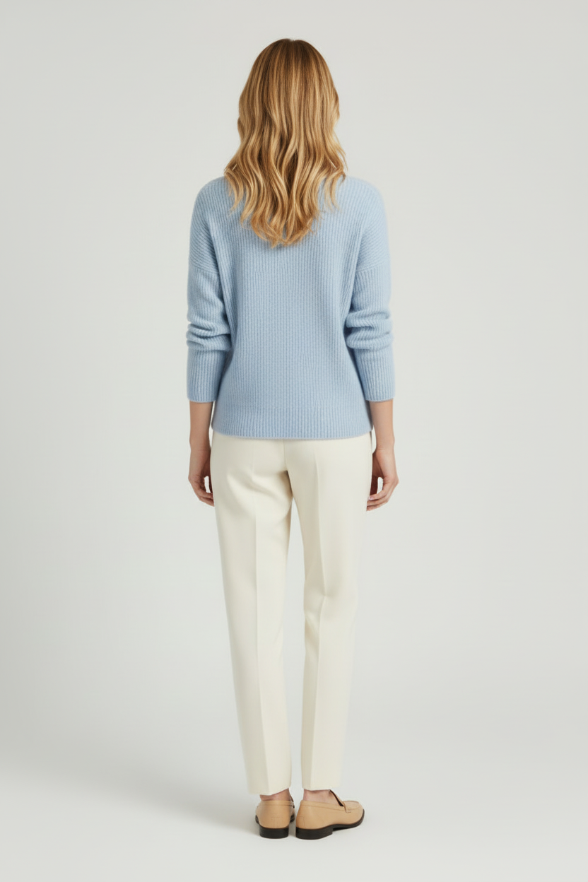 Ribbed V Neck Womens Pullover with Straight Hem