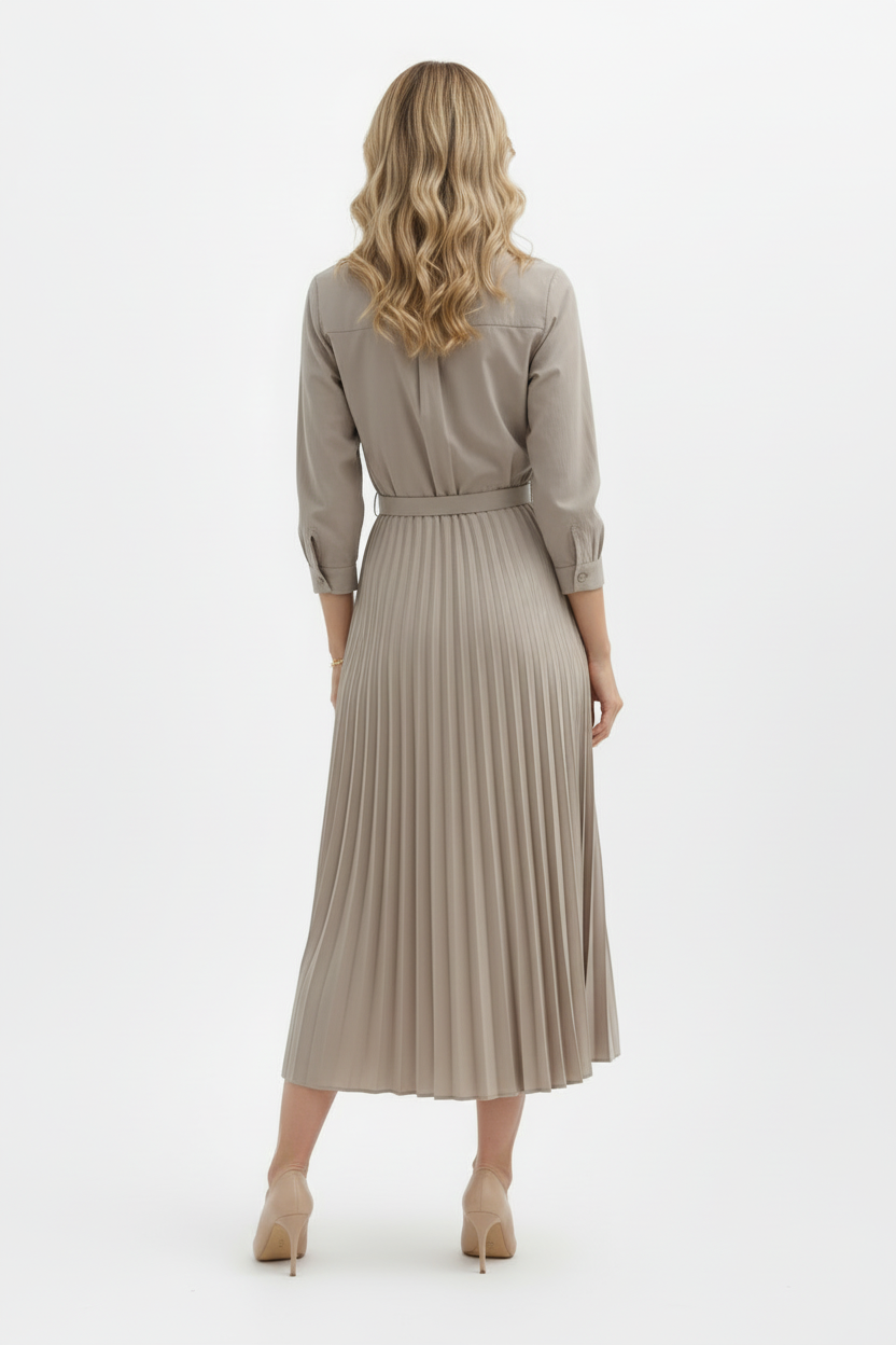 Collared Midi Dress with Button Front and Pleated Waist Skirt