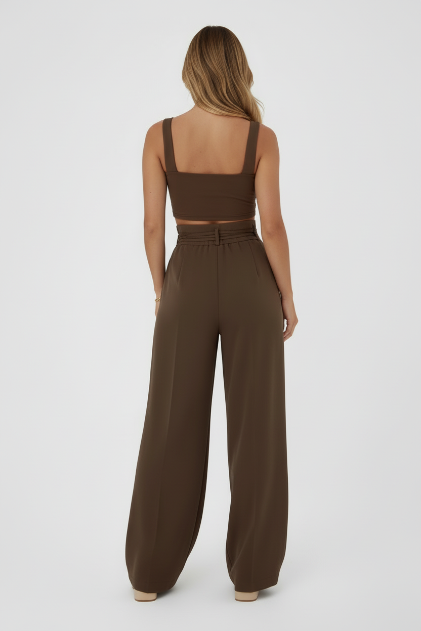 High Rise Wide Leg Trousers with Adjustable Waist Tie