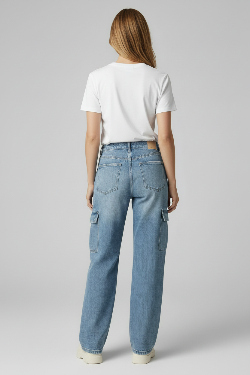 Cargo Style Womens Jeans with Flap Pockets and Straight Legs