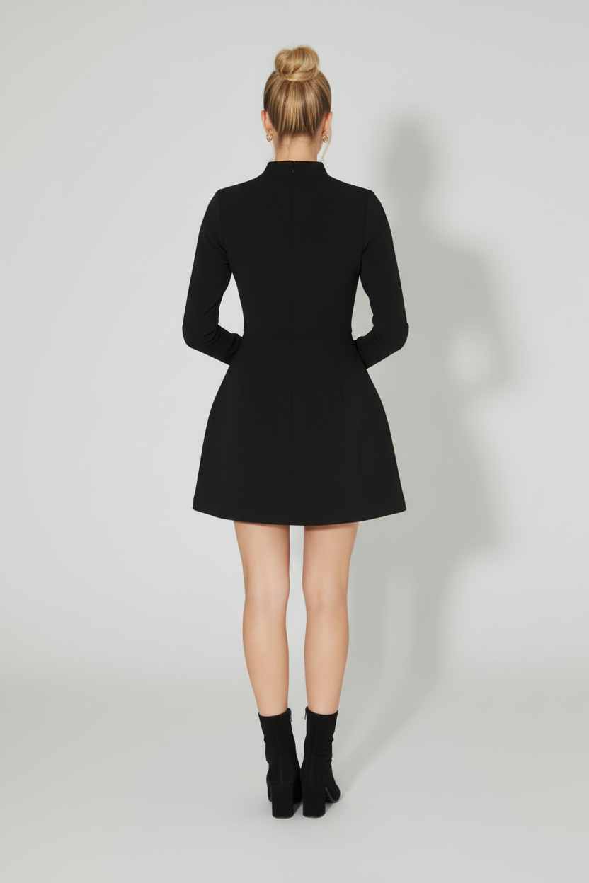 Stand Collar Mini Dress with Long Sleeves