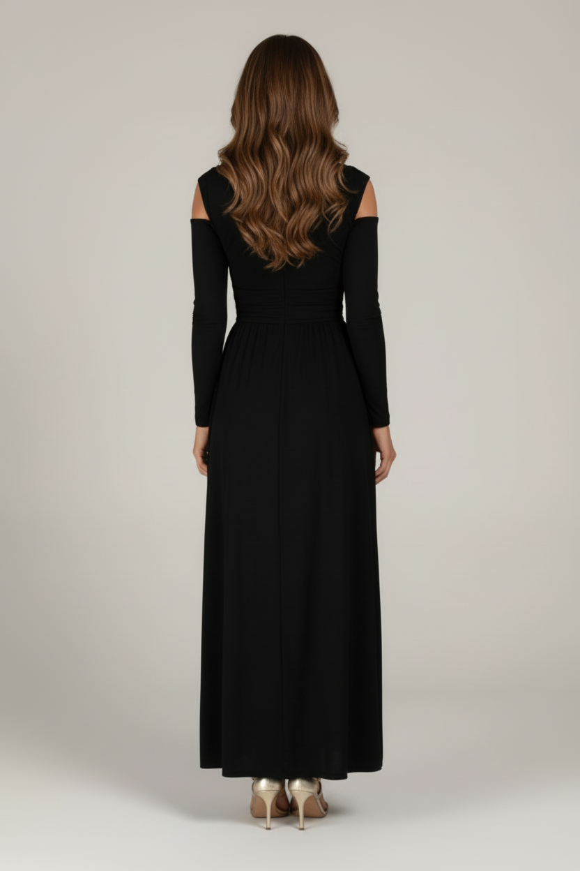 V Neck Maxi Dress with Shoulder Cut Outs and Side Slit