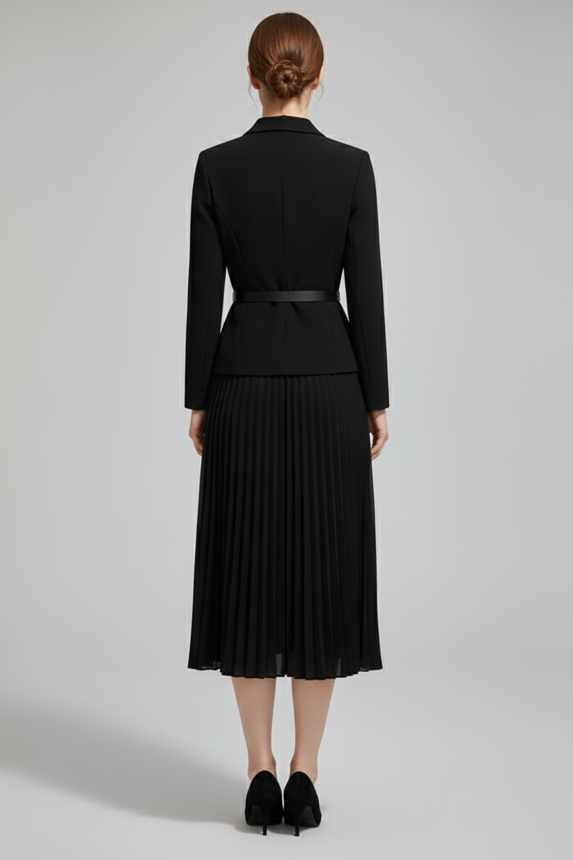 Belted Blazer Dress with Pleated Skirt Detail
