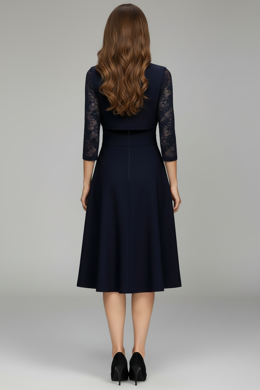 Flared Midi Dress with Lace Sleeves and Round Neck
