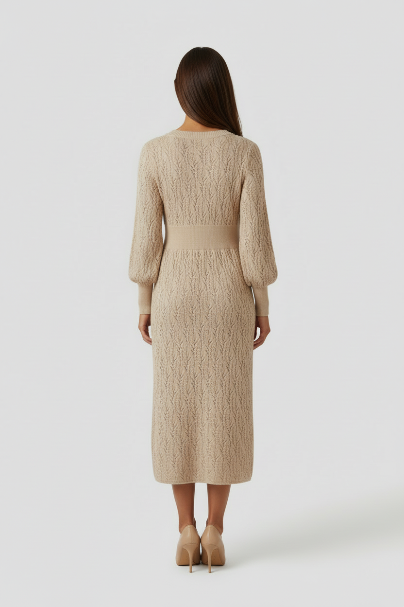 Textured Knit Midi Dress with V Neck and Long Sleeves