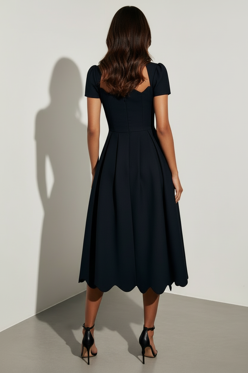Scalloped Neckline Midi Dress with Refined Silhouette