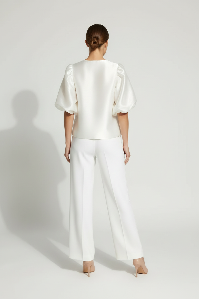 Satin Blouse with Puff Sleeves and Clean Neckline