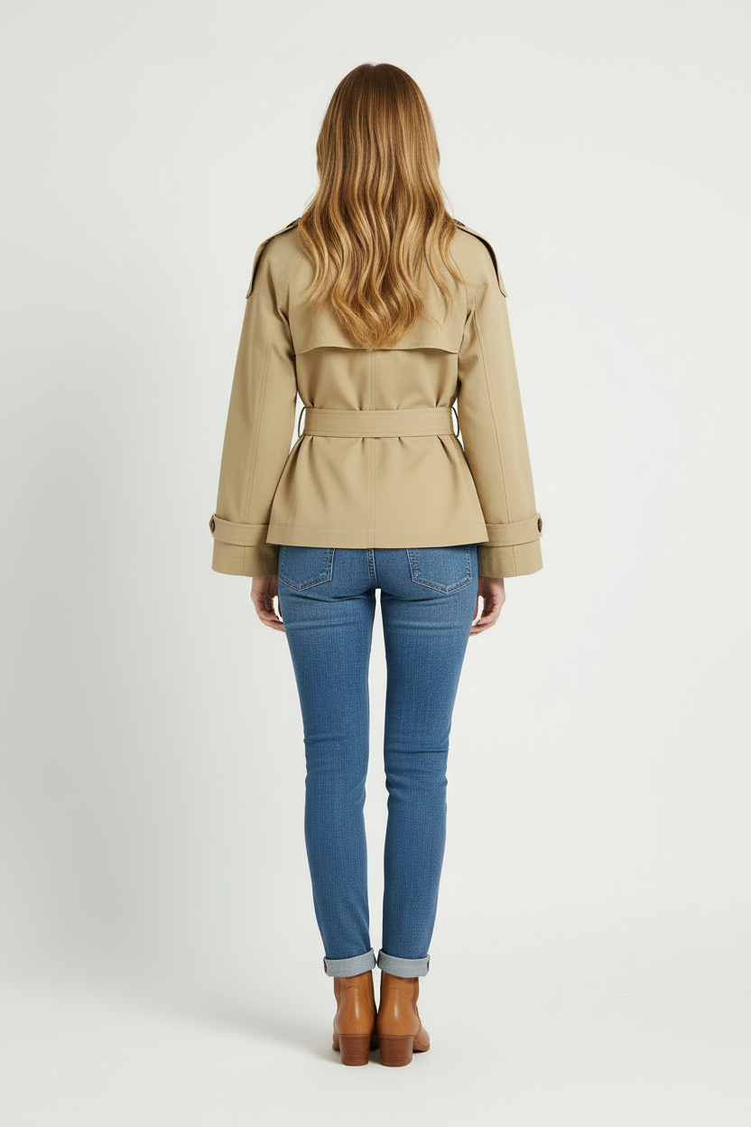 Cropped Trench Coat with High Neck and Belted Waist