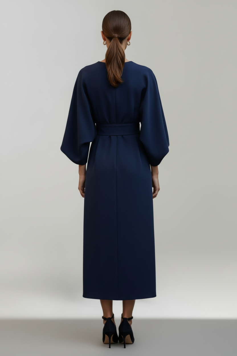 Belted Midi Dress with Wide Sleeves and Clean Silhouette