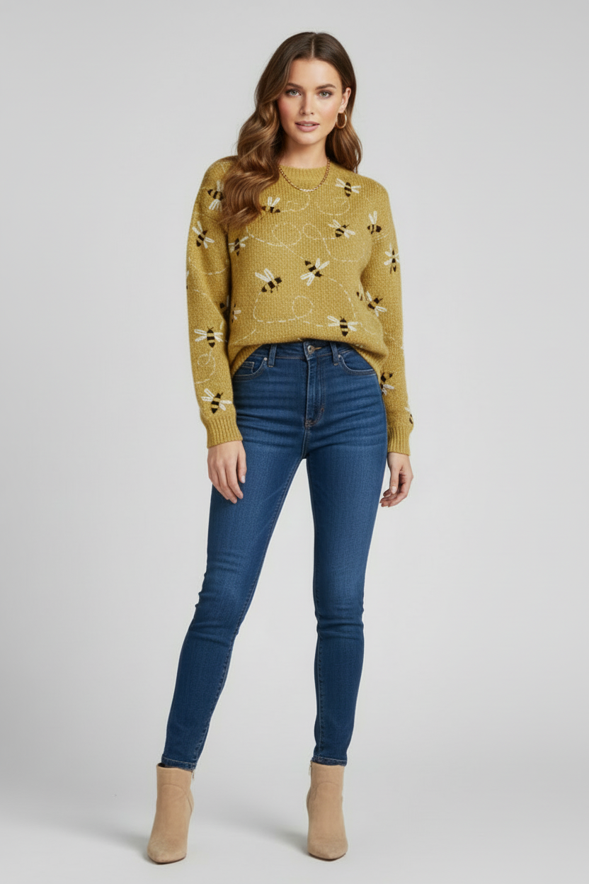 Womens Knit Sweater with Bee Pattern and Textured Body