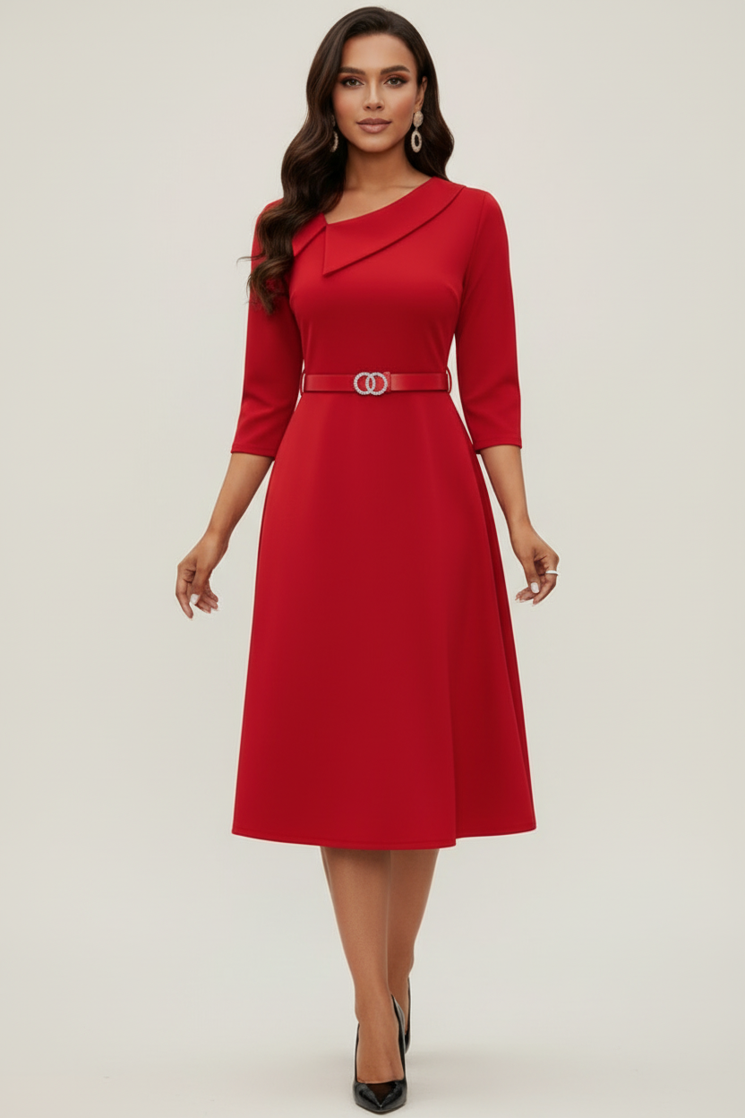 Midi Womens Dress with Asymmetrical Neckline and Belted Waist