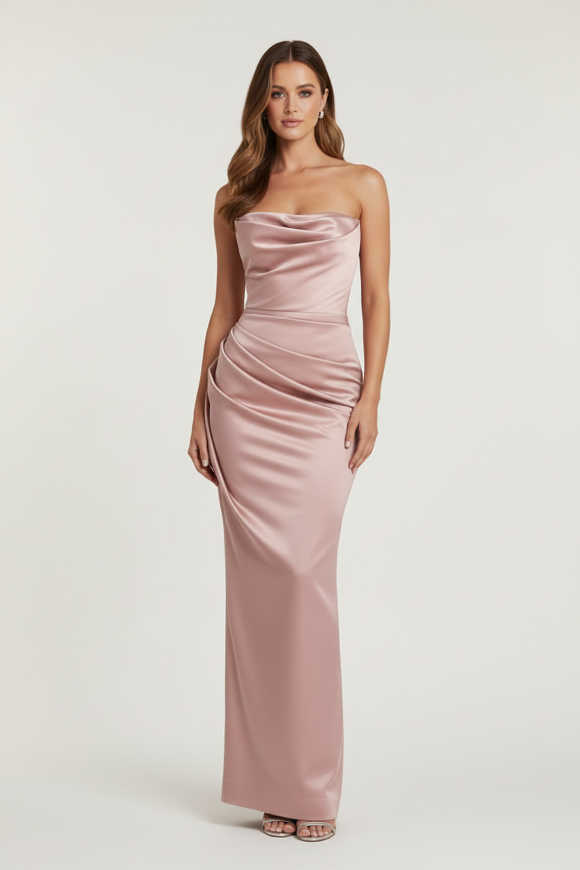 Strapless Long Womens Dress with Fitted Structure and Side Slit