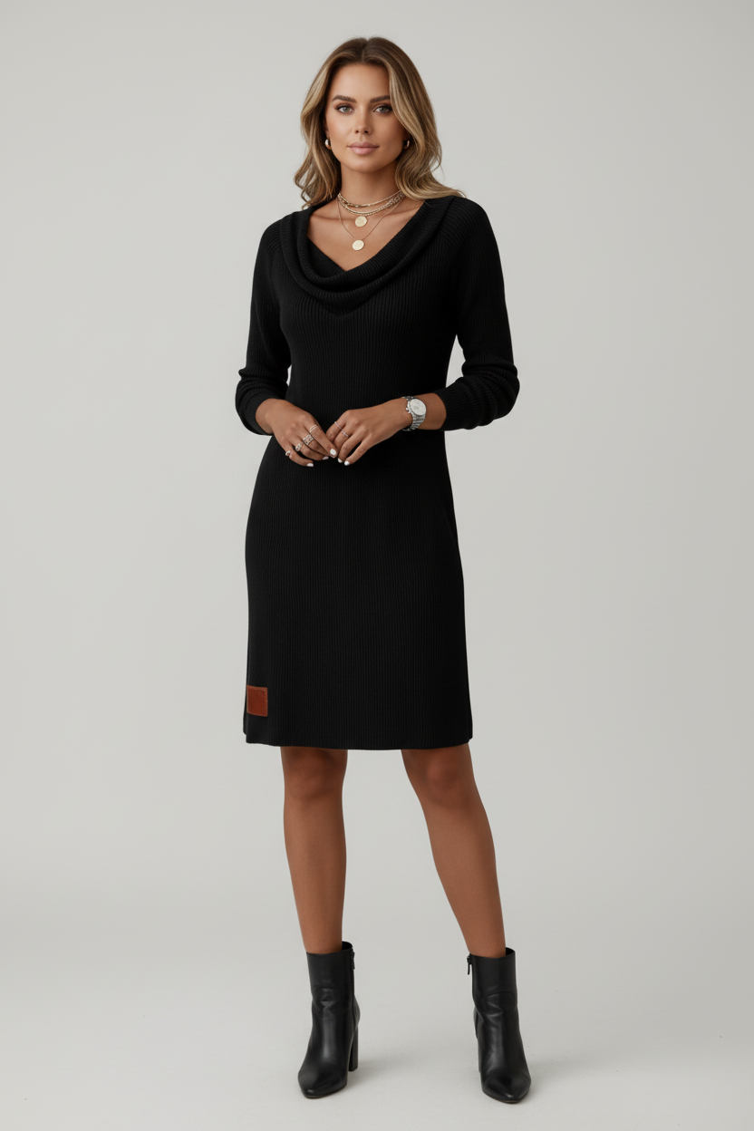 Knee Length Womens Dress with Draped Neckline and Ribbed Texture