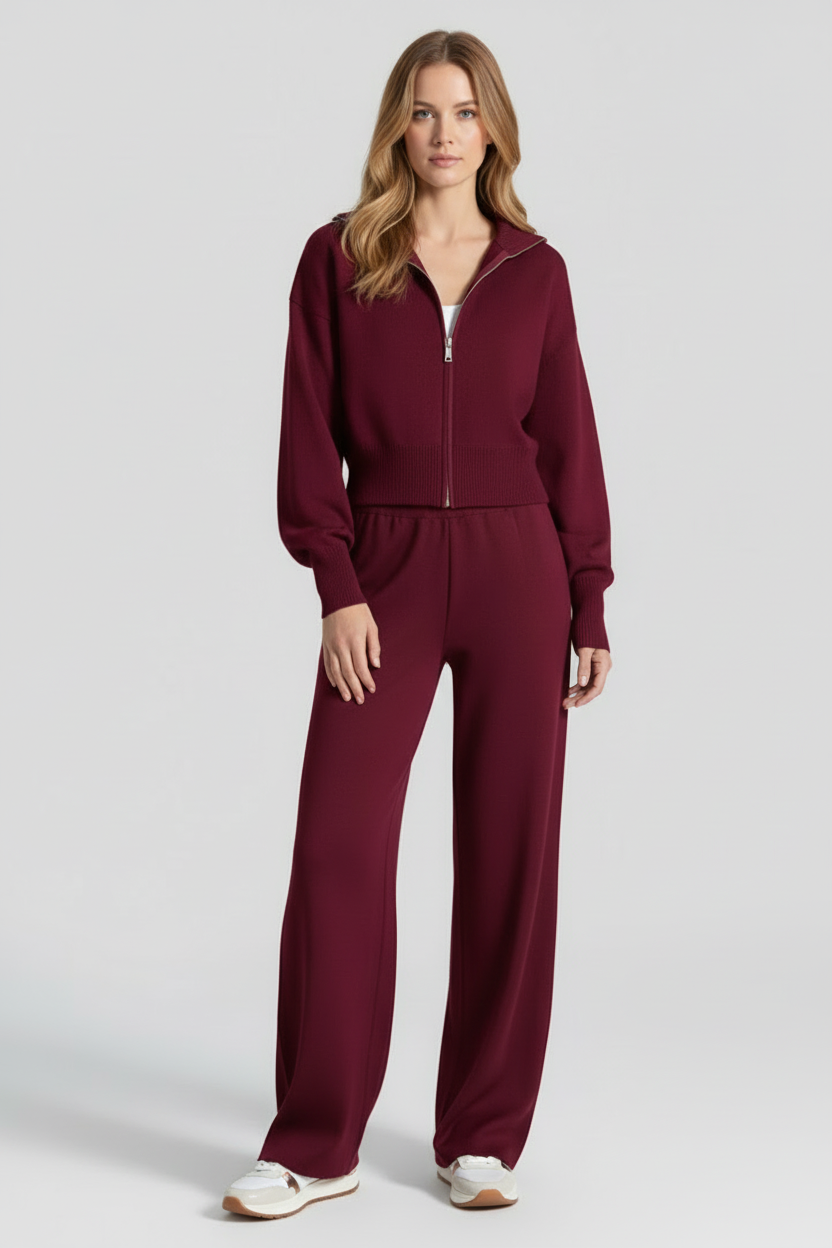 Zip Front Knit Two Piece Set with Stand Collar