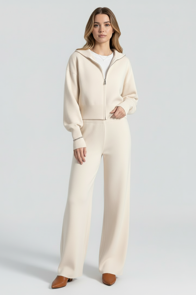 Zip Front Knit Two Piece Set with Stand Collar
