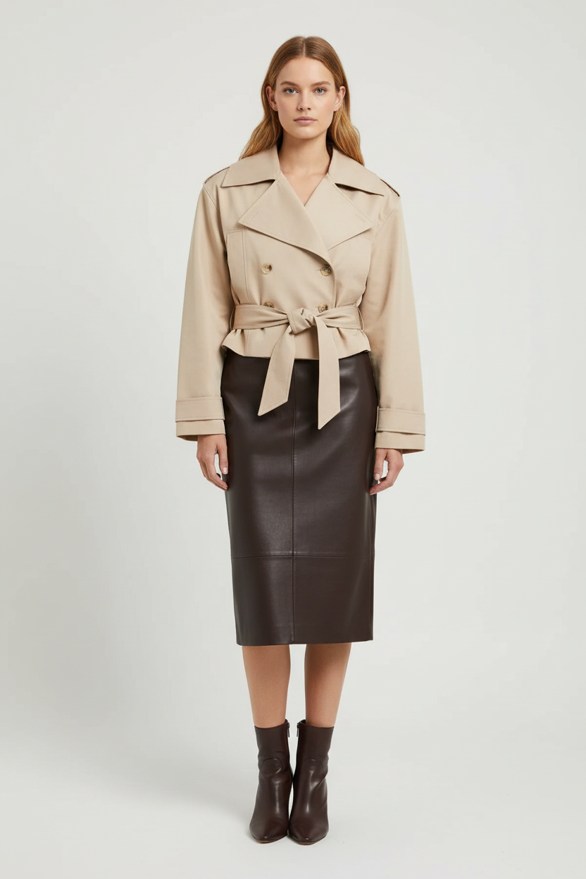Double Breasted Cropped Trench Coat with Belted Waist