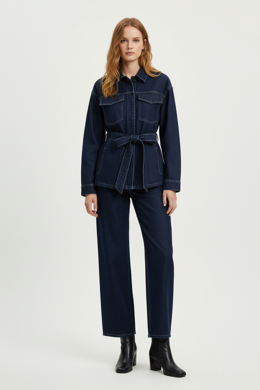 Belted Denim Jacket and Straight Leg Jeans Two Piece Set